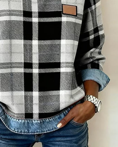 Pull Sweatshirt Femme en Denim à Col Rond et Patchwork