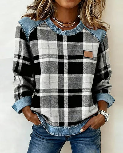 Pull Sweatshirt Femme en Denim à Col Rond et Patchwork