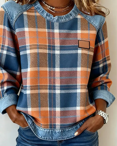 Pull Sweatshirt Femme en Denim à Col Rond et Patchwork