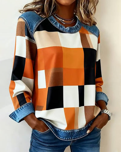 Laluna® | Sweat-shirt avec Patchwork à Carreaux et Couleur Contrastante