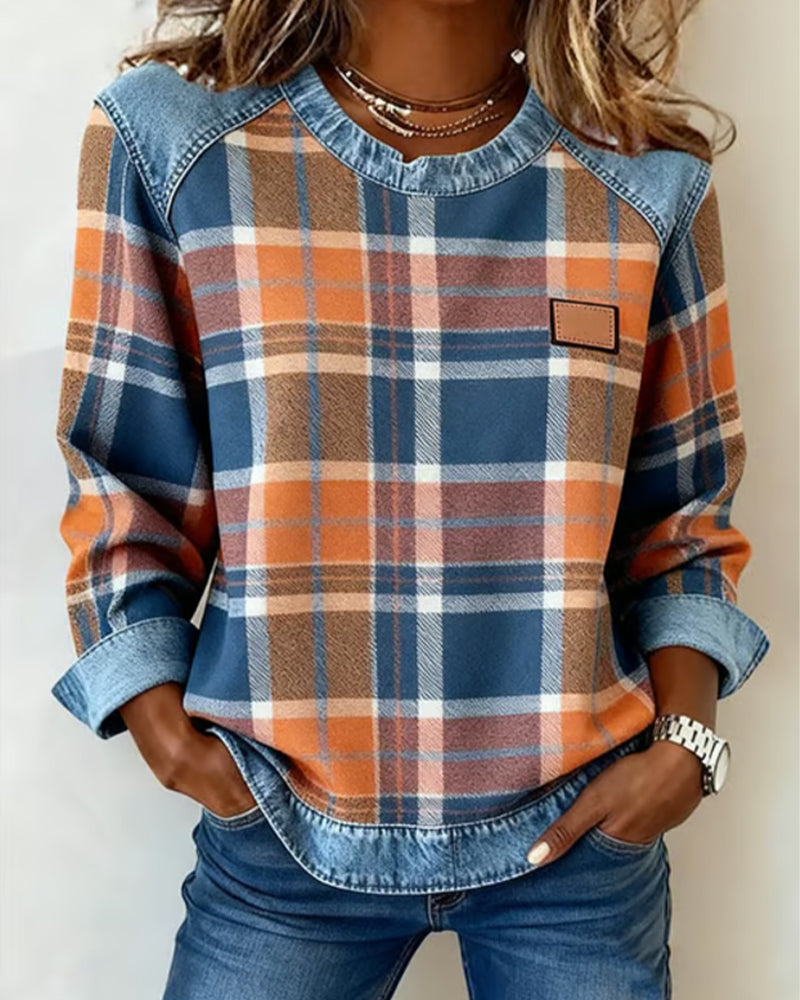 Pull Sweatshirt Femme en Denim à Col Rond et Patchwork