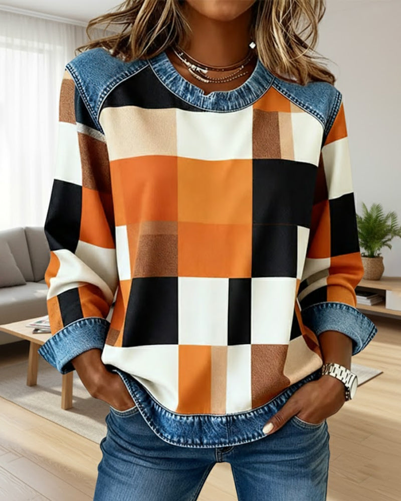Laluna® | Sweat-shirt avec Patchwork à Carreaux et Couleur Contrastante