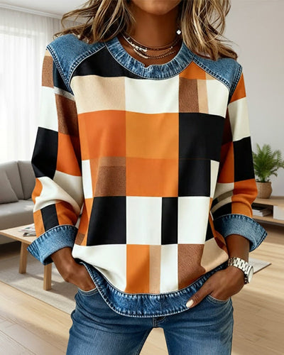 Laluna® | Sweat-shirt avec Patchwork à Carreaux et Couleur Contrastante