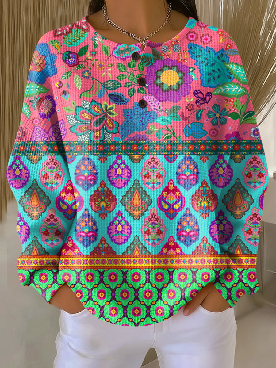 Panneau | Pull avec Rayures de Fleurs Ethniques